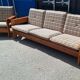 Brutalist-style bench and armchairs in 1970s pine.