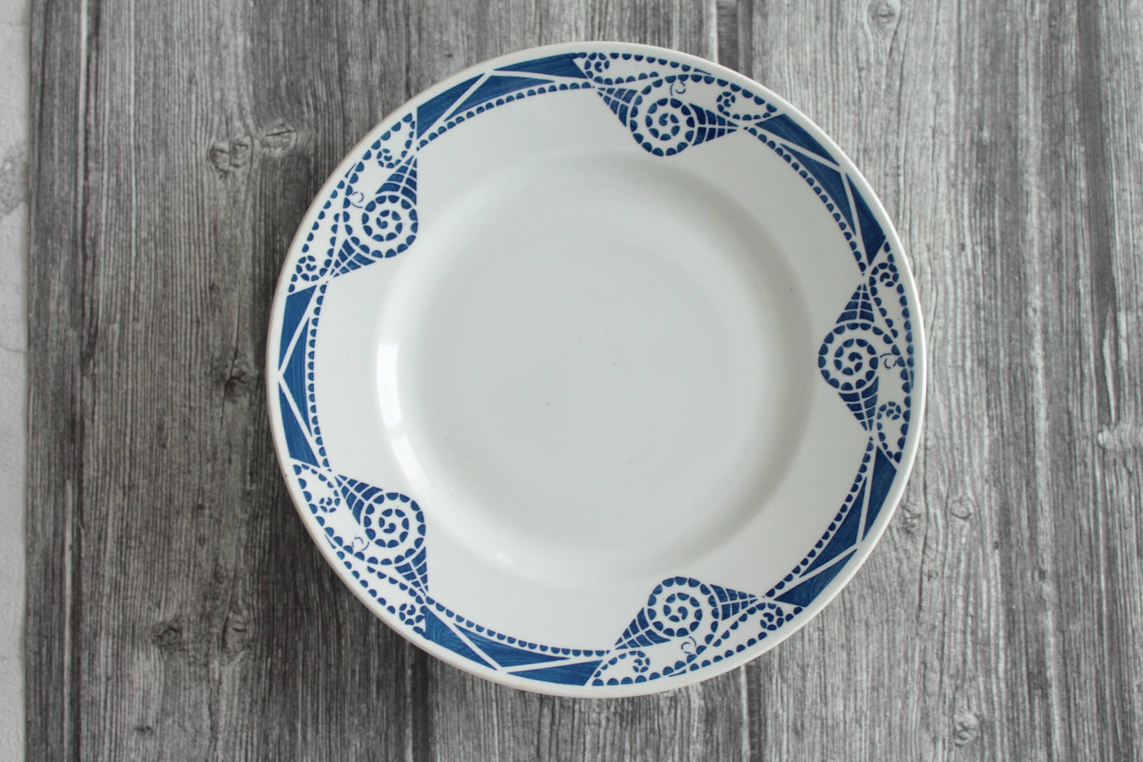 Antique French Art Deco blue & white pedestal cake dish