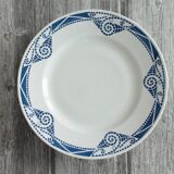 Ancien plat à gâteaux français piédouche art déco bleu&blanc