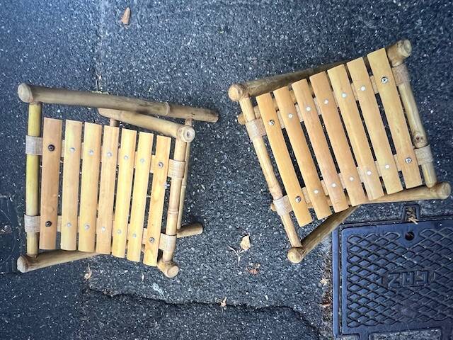 Pair of vintage bamboo and wood folding stools – France, 1960s/1970s