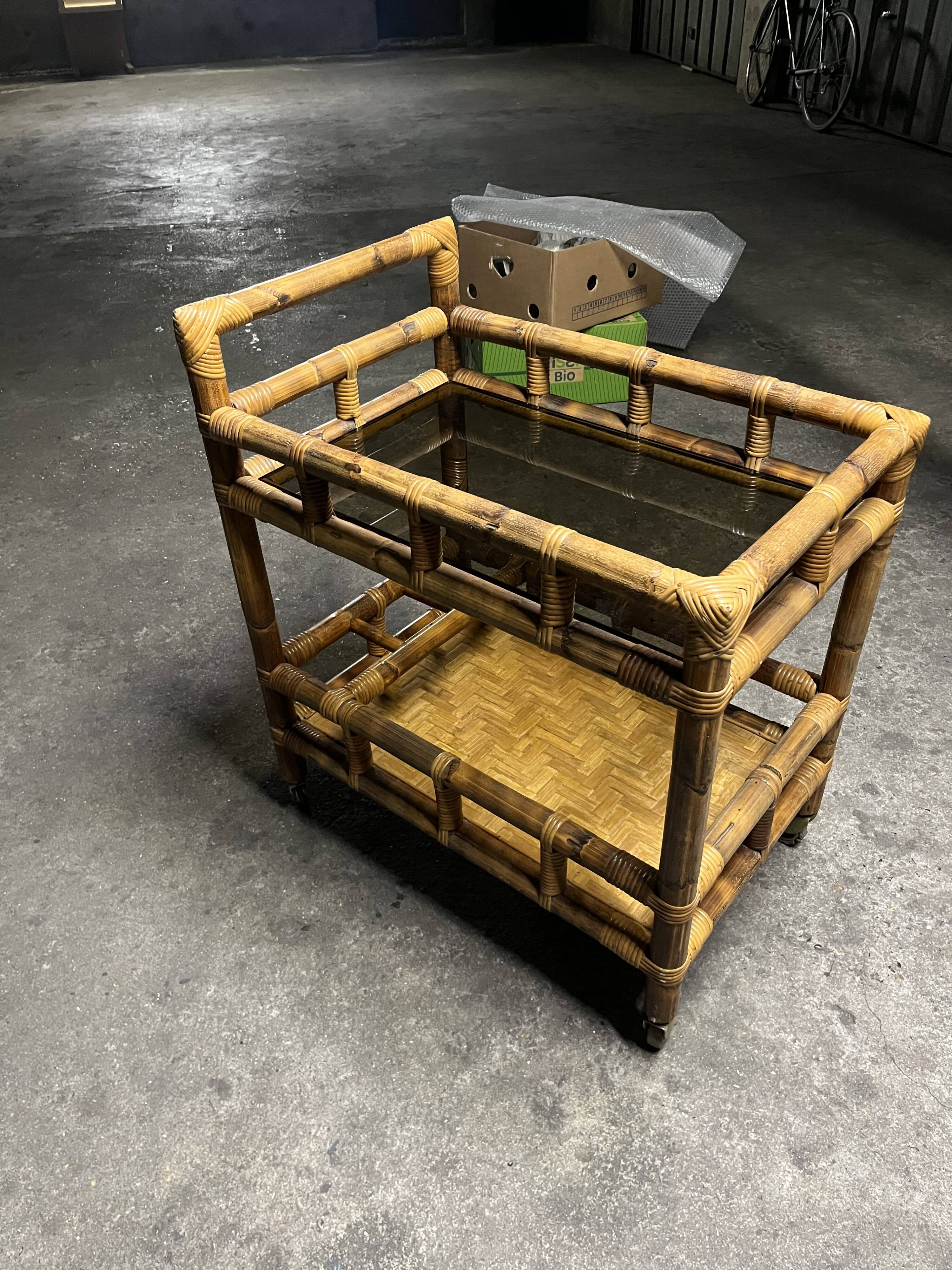 Vintage 1950s bamboo trolley or serving cart.