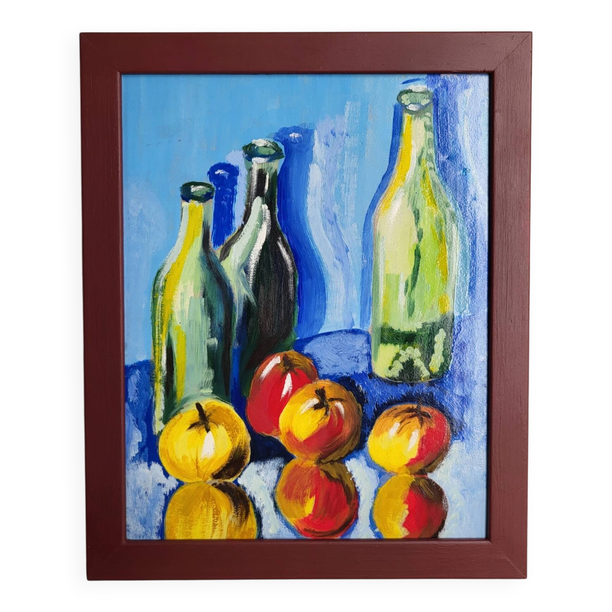 Peinture nature morte vintage encadrée - Bouteilles & Pommes