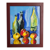 Vintage framed still life painting - Bottles & Apples