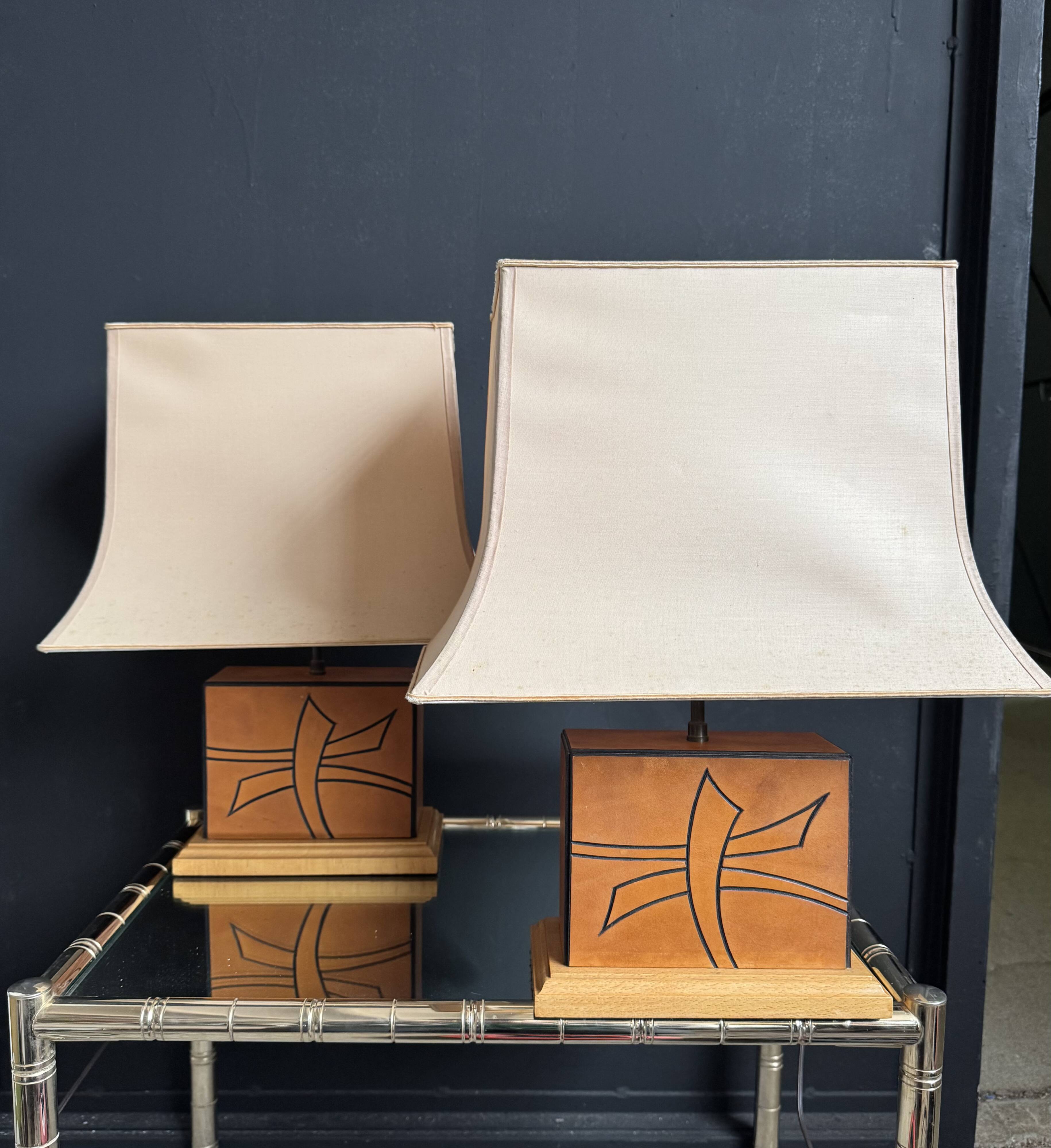 70s leather and wood pagoda lamps