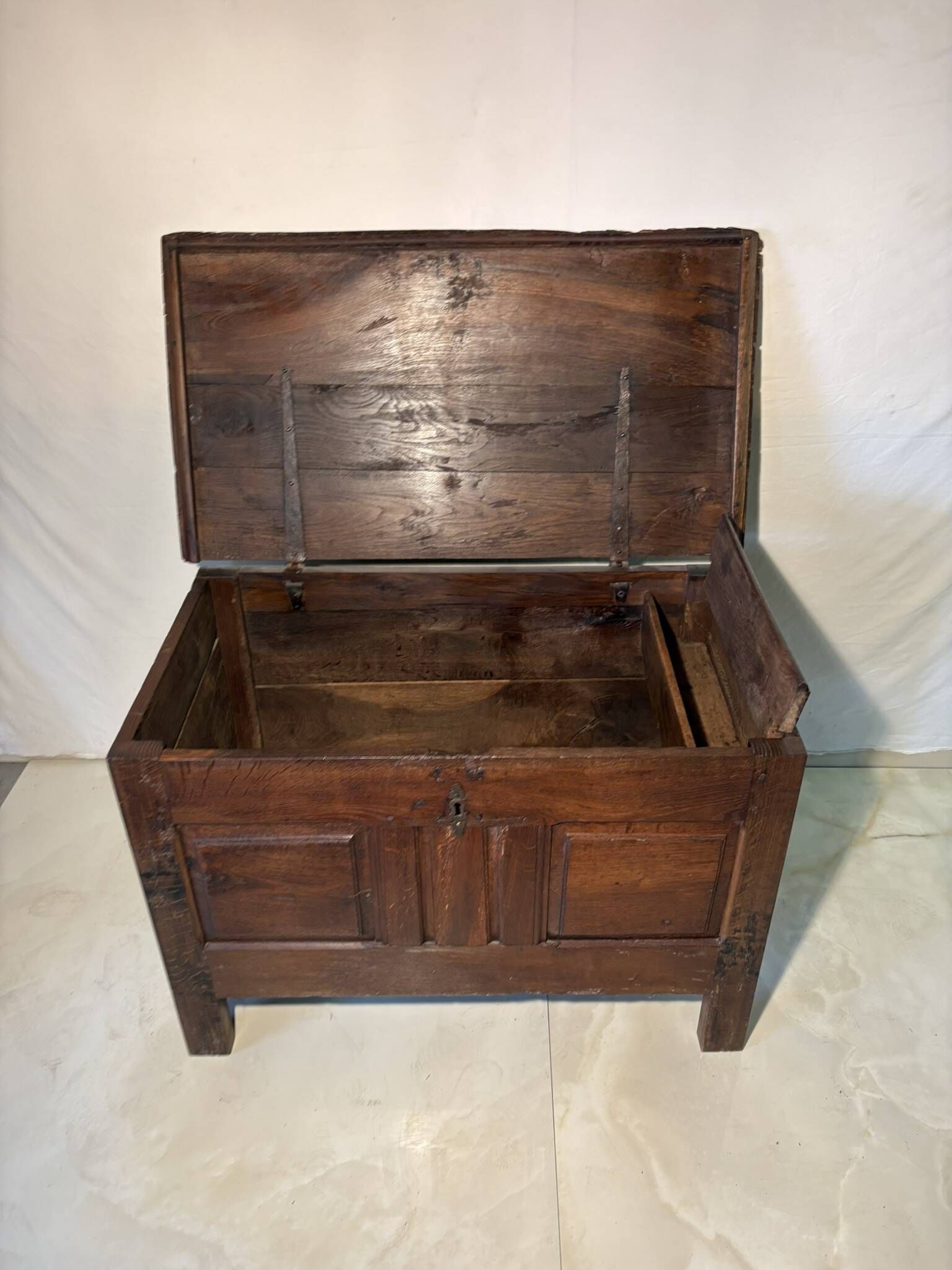 Rustic antique oak chest, original fittings and moulded panels.