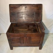 Rustic antique oak chest, original fittings and moulded panels.