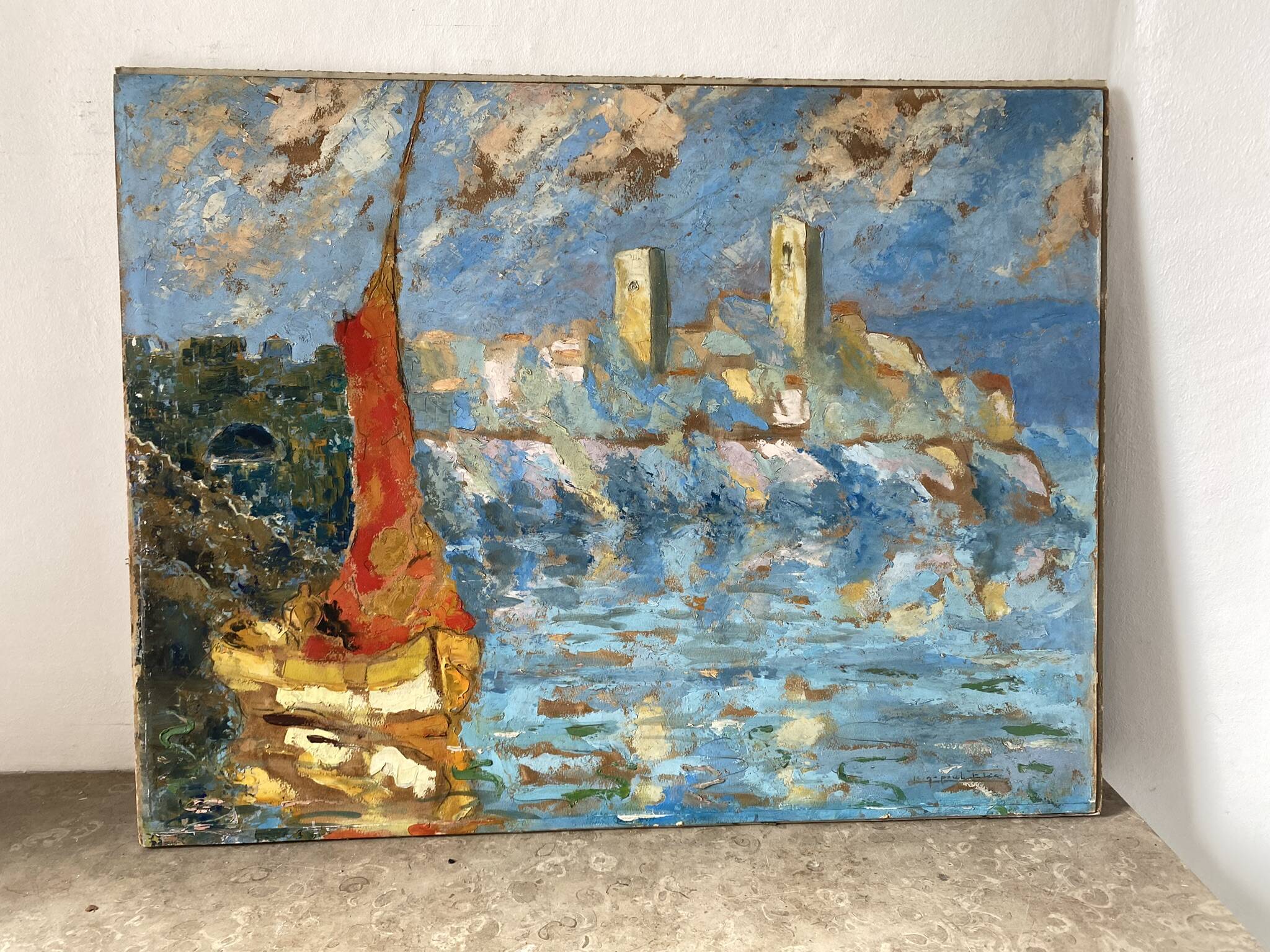 Signed sailboat landscape