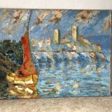 Signed sailboat landscape