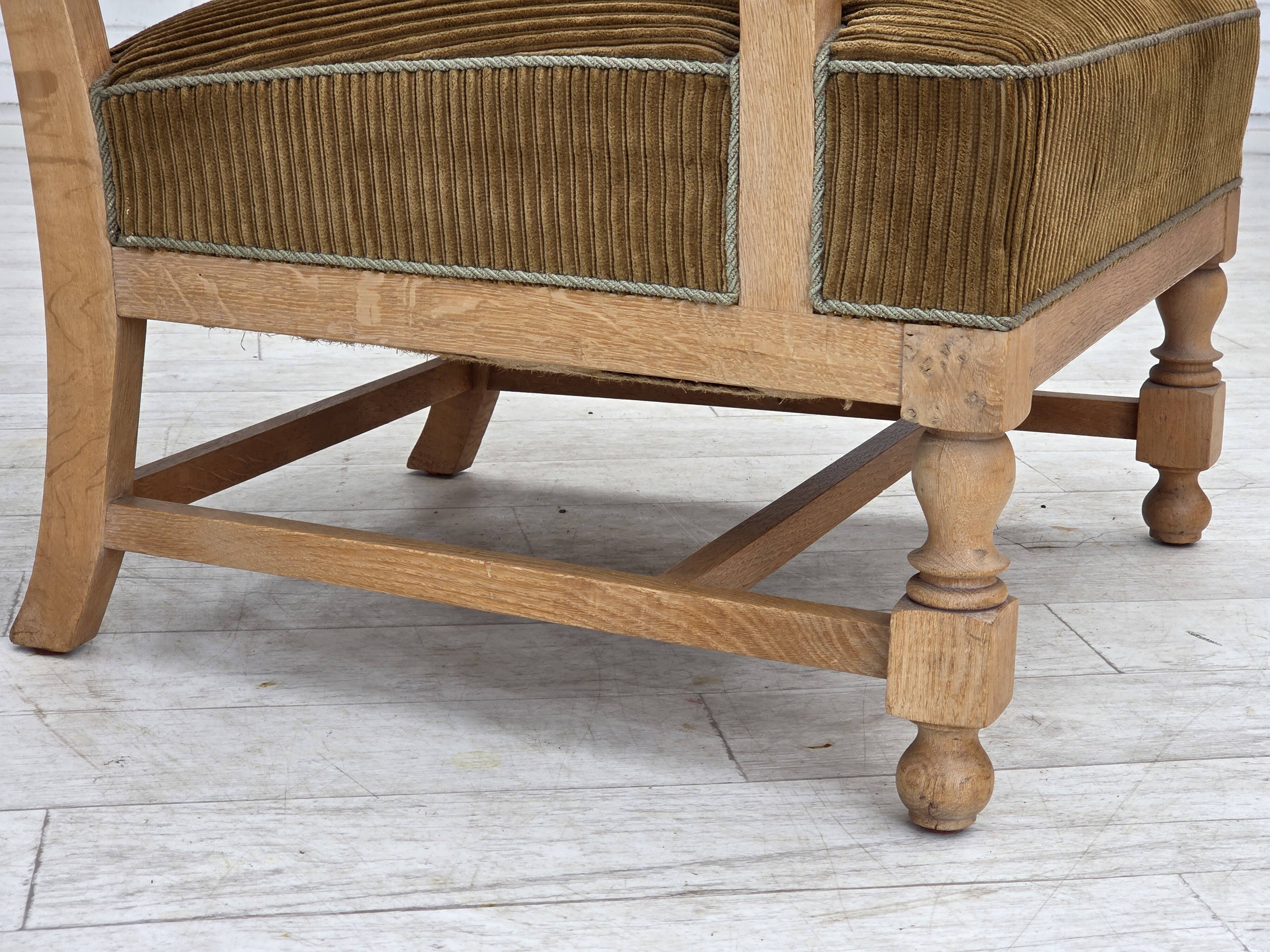 1970s, Scandinavian highback armchair, furniture corduroy, carved oak wood.