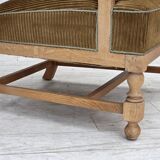 1970s, Scandinavian highback armchair, furniture corduroy, carved oak wood.