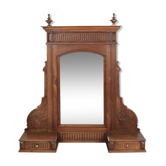 Wooden table mirror with 2 inlaid drawers.