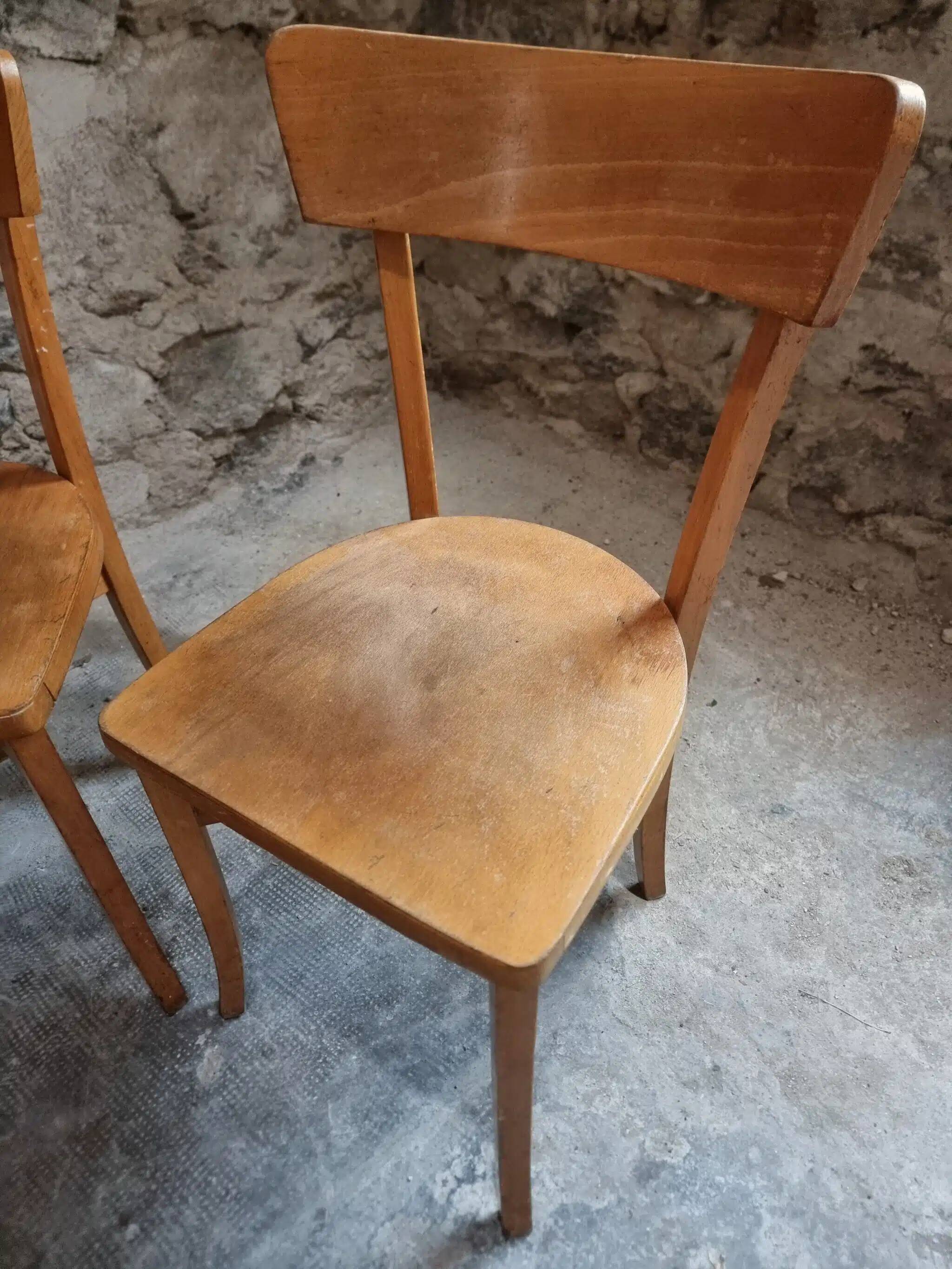 Set of 4 French bistro chairs, beech and plywood, 1960s, mid-century dining chairs.