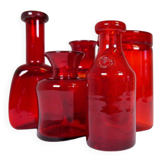Collection of five rare red vases by Erik Hoglund, Sweden, 1960s.