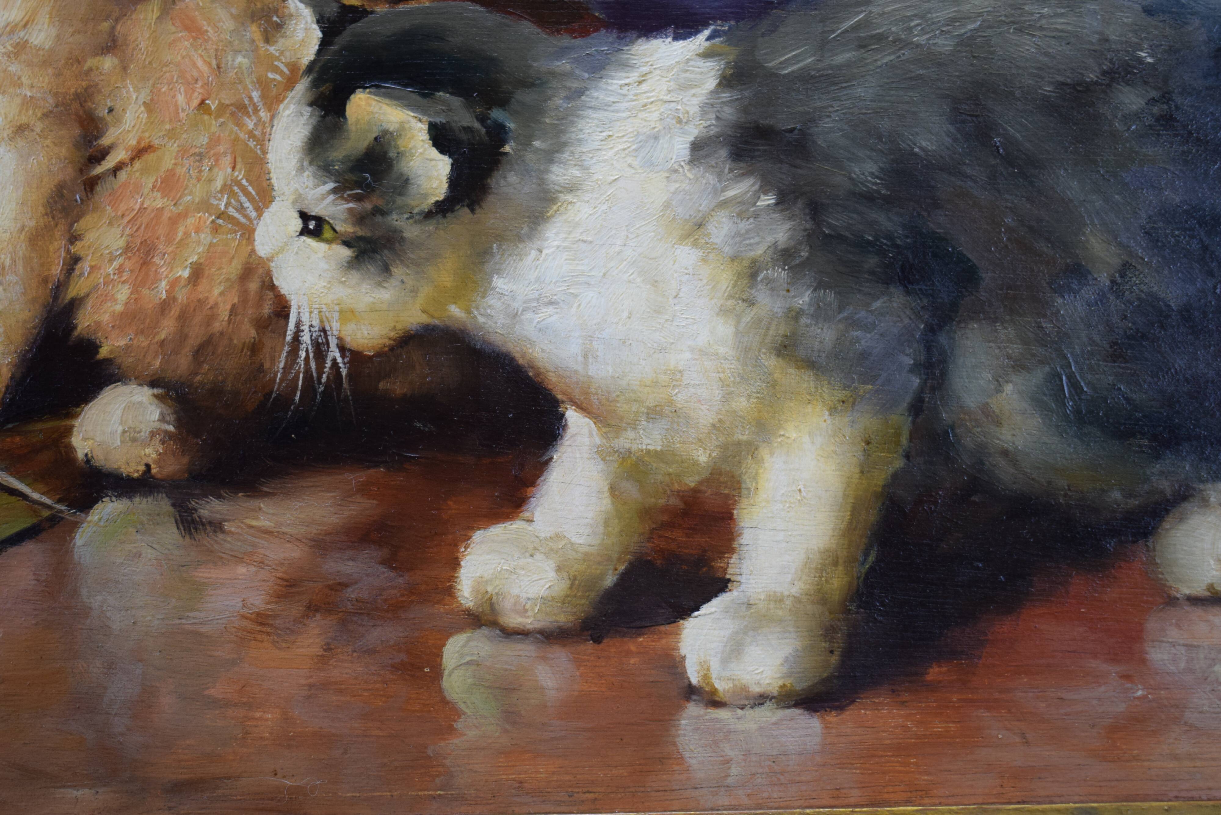 Oil painting on panels kitten playing by Leon Huber