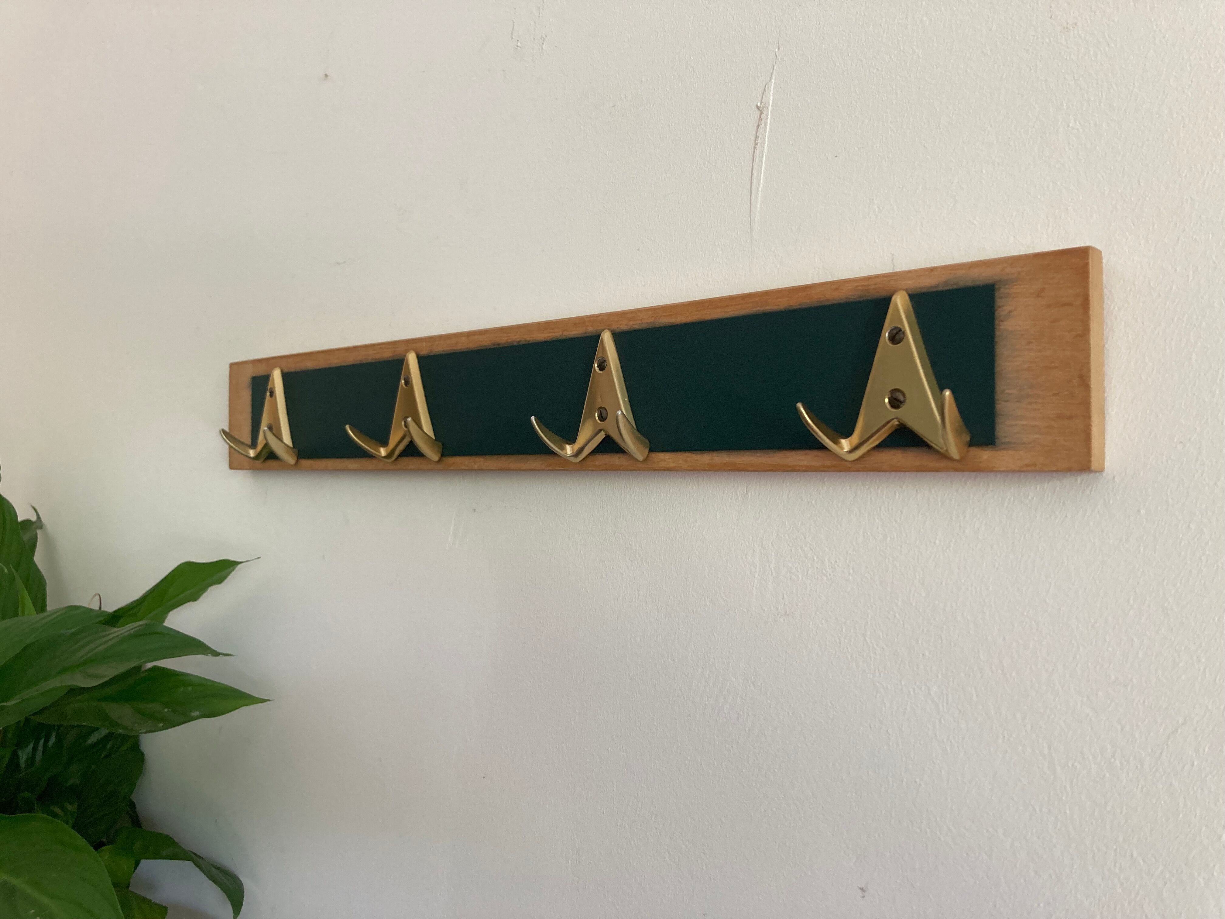 70s wall coat rack with brass hooks