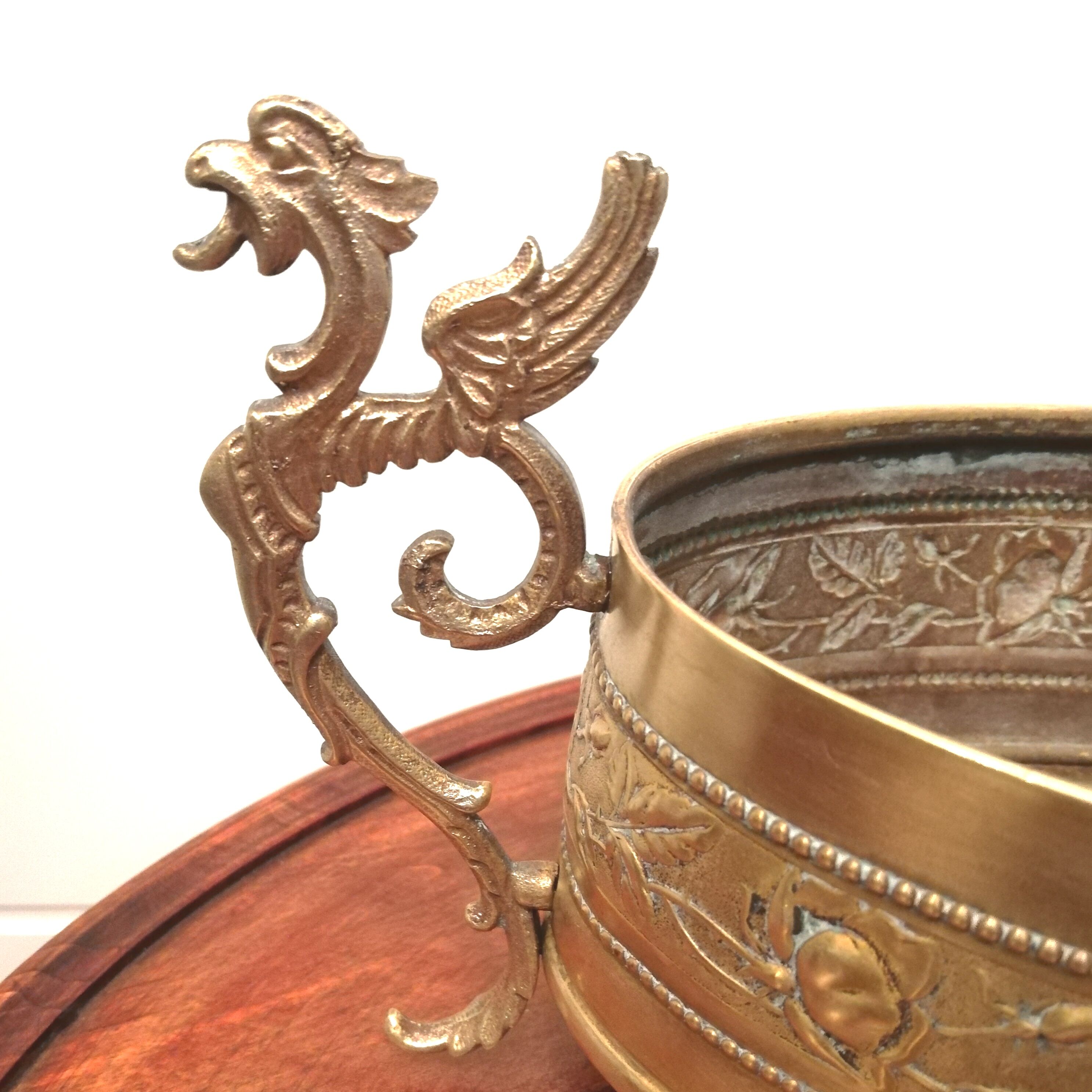 Repulsed brass planter with dragon-shaped handles