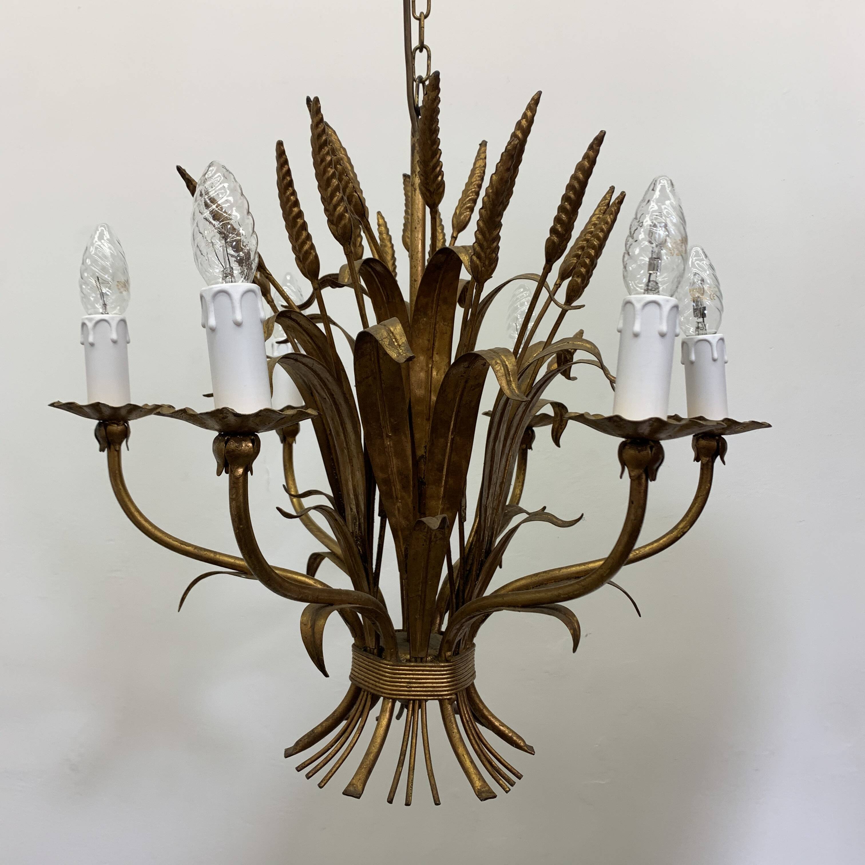 Large wheat sheaf leaf gold gilt chandelier, 1960’s
