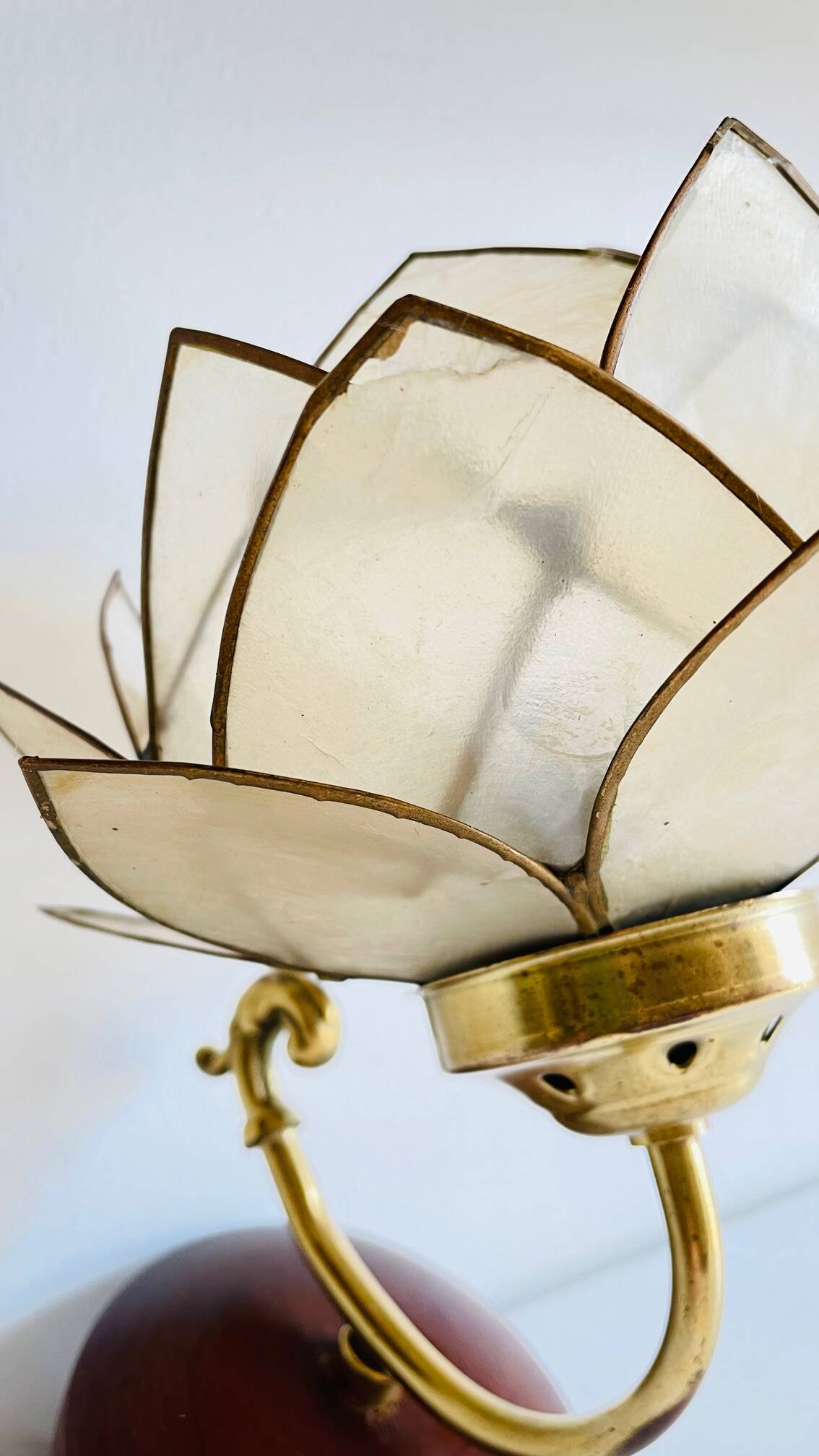 Vintage mother-of-pearl and brass flower wall lamp