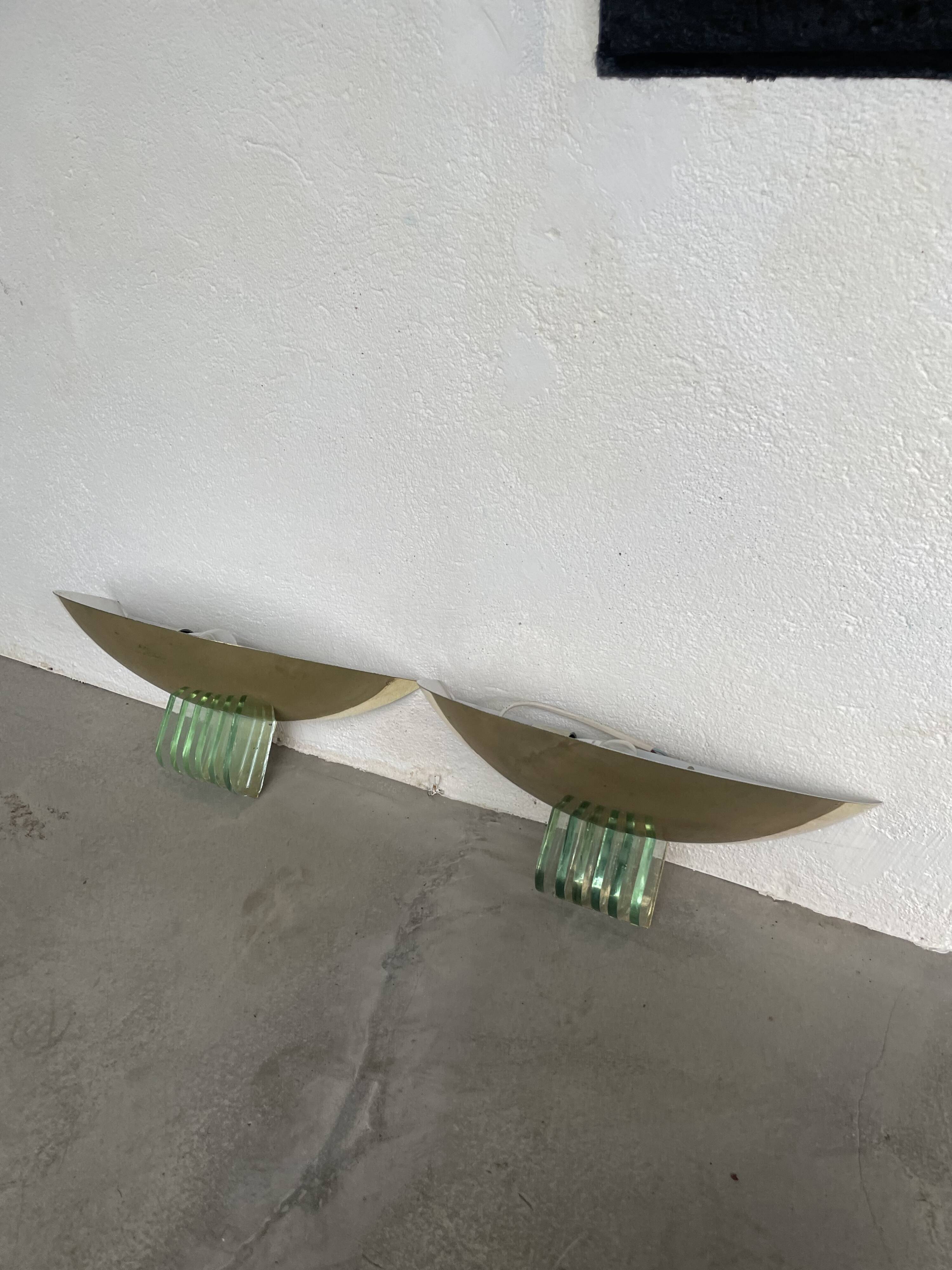 Pair of brass and art deco glass wall lights SCE