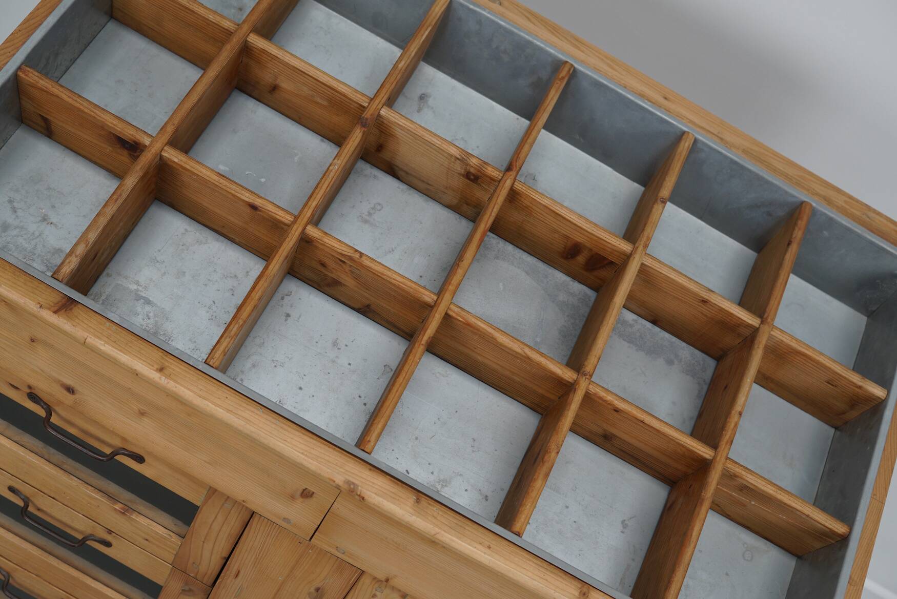 Vintage Dutch Pine Haberdashery Shop Cabinet with Glass Fronts