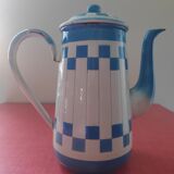 White enamelled sheet metal coffee maker with blue checkered Lustucru style stamped Duco