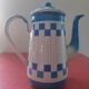 White enamelled sheet metal coffee maker with blue checkered Lustucru style stamped Duco