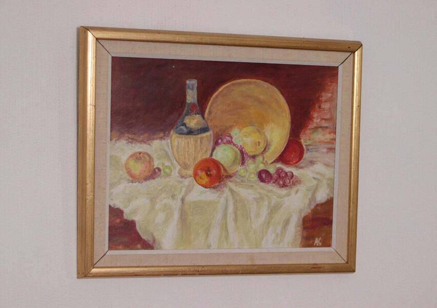 Original Swedish oil on canvas – “Still Life with Fruit and Bottle” by A.K. – vintage & framed – 40 × 48 cm (15.7" × 18.9")