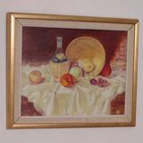 Original Swedish oil on canvas – “Still Life with Fruit and Bottle” by A.K. – vintage & framed – 40 × 48 cm (15.7" × 18.9")