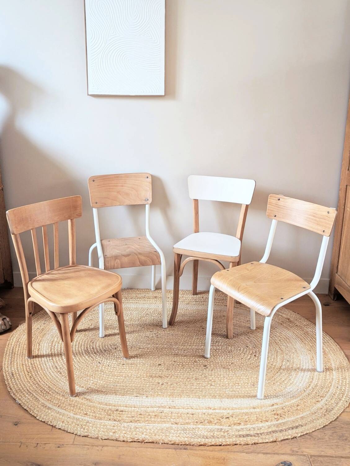 Set of 4 reimagined and mismatched vintage chairs