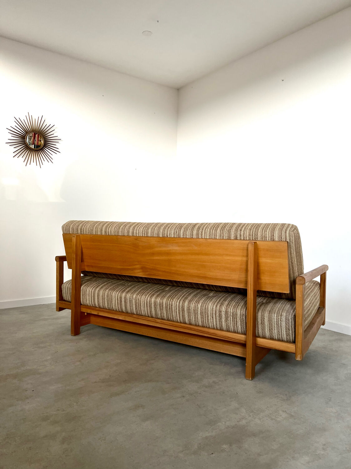 Old wooden sofa vintage brutalist design 60s