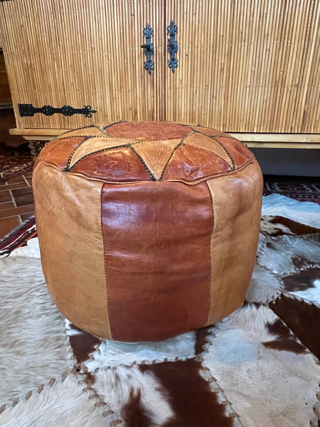 Vintage Berber leather pouf