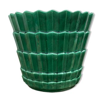Cache pot en barbotine vert céramique vintage