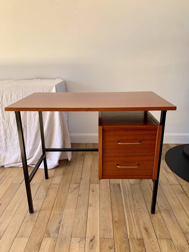 lacquered wood desk and black steel legs design from the 60s and 70s