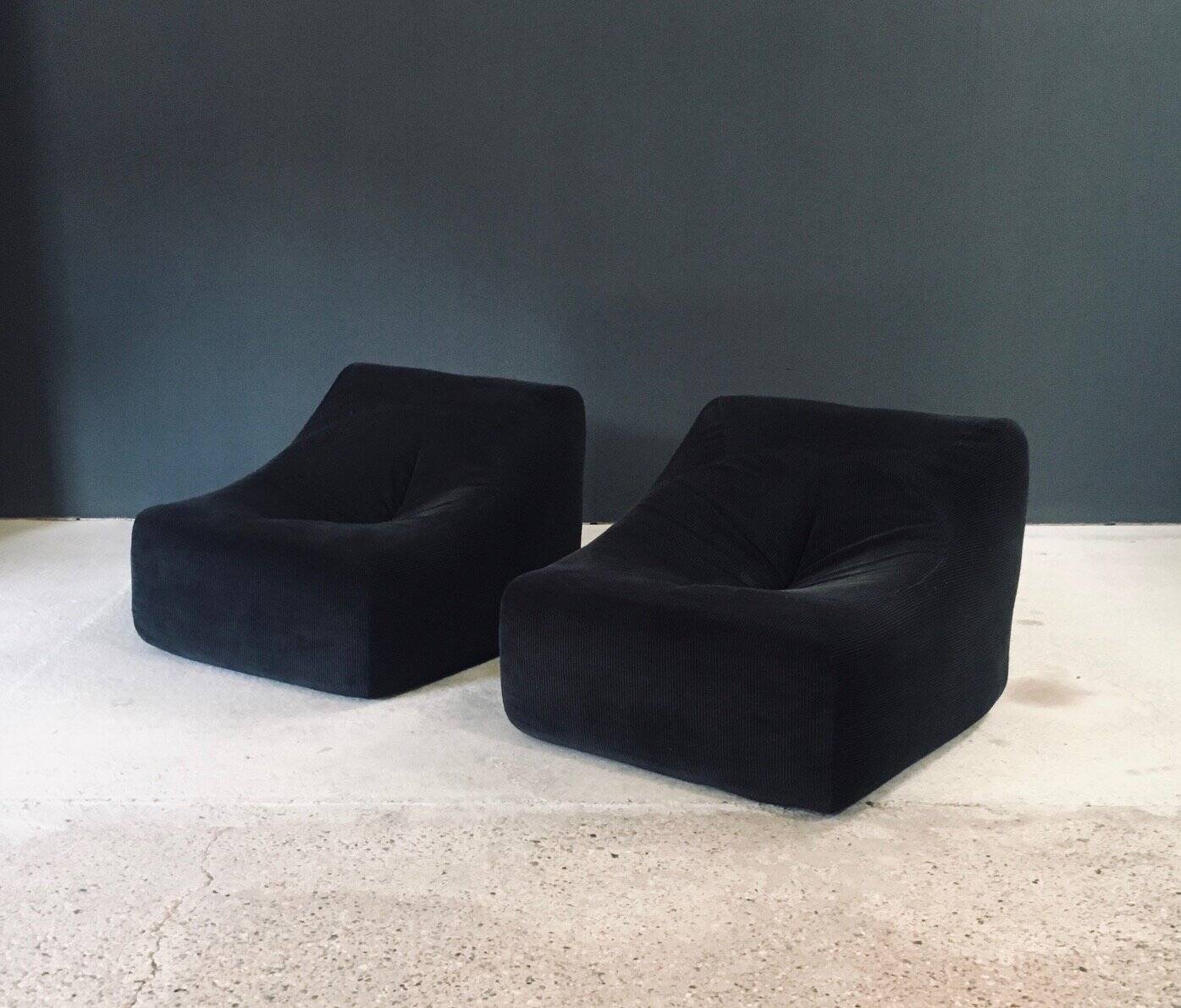 Mid-Century Modern French Corduroy Lounge Chairs, 1970s, Set of 2