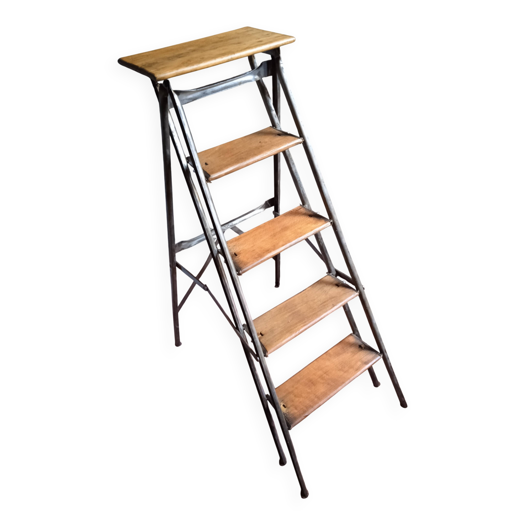 Vintage iron and wood stepladder with 5 steps