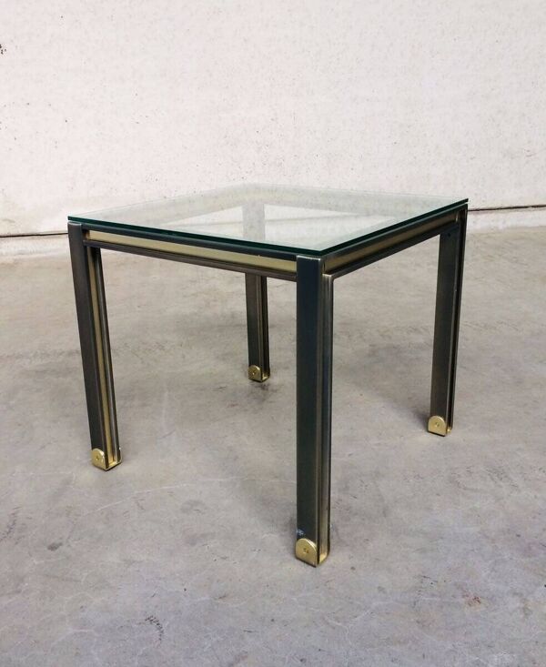 Steel and Brass Square Coffee Table, Belgium, 1980s