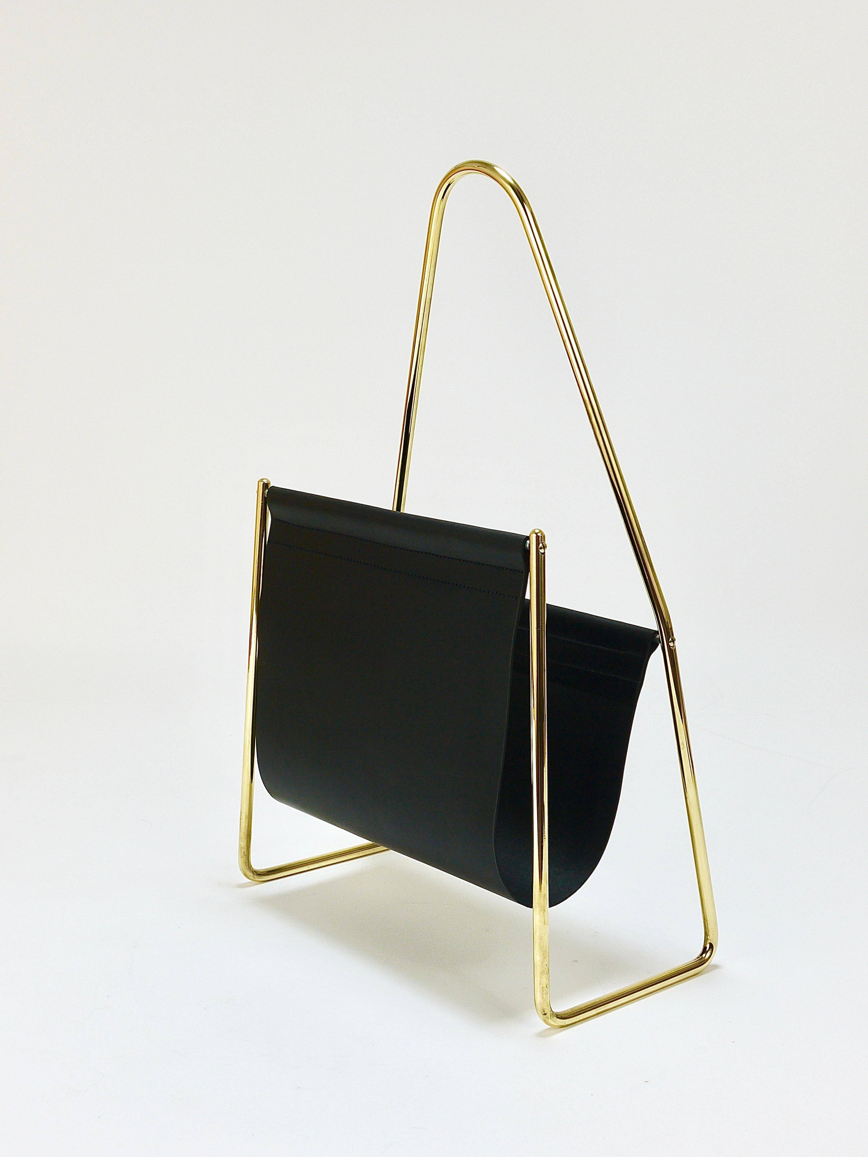Carl Auböck II Midcentury magazine rack, brass and black leather, vintage, Austria