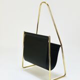 Carl Auböck II Midcentury magazine rack, brass and black leather, vintage, Austria
