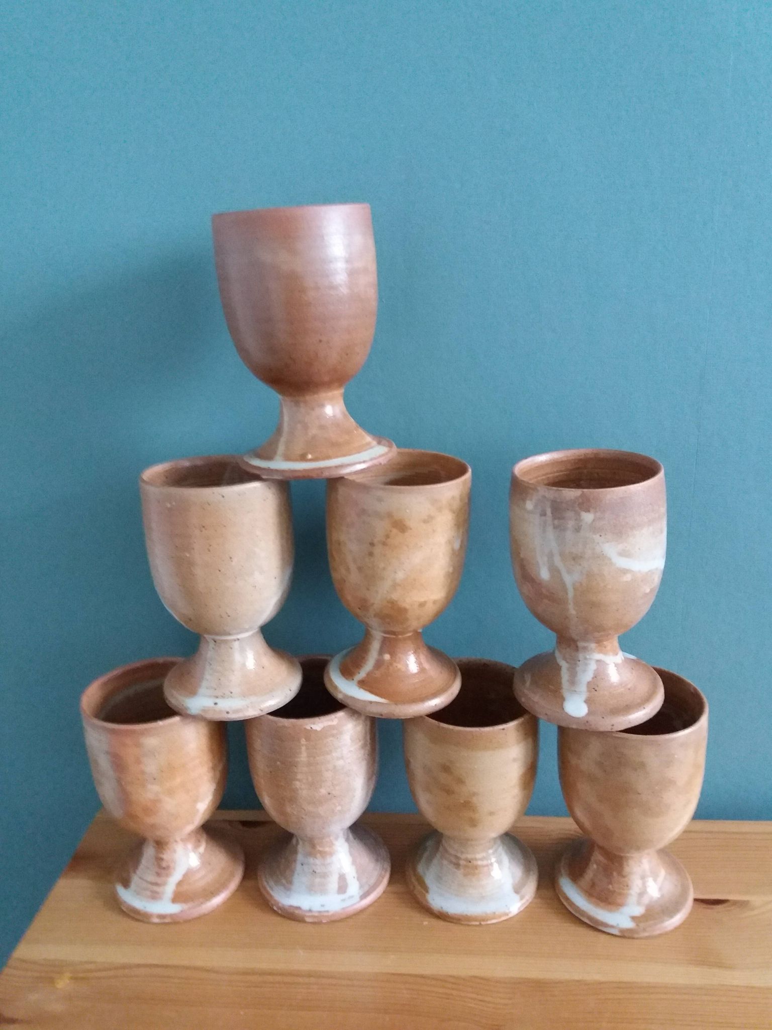 8 Puisaye stoneware stemmed glasses cups