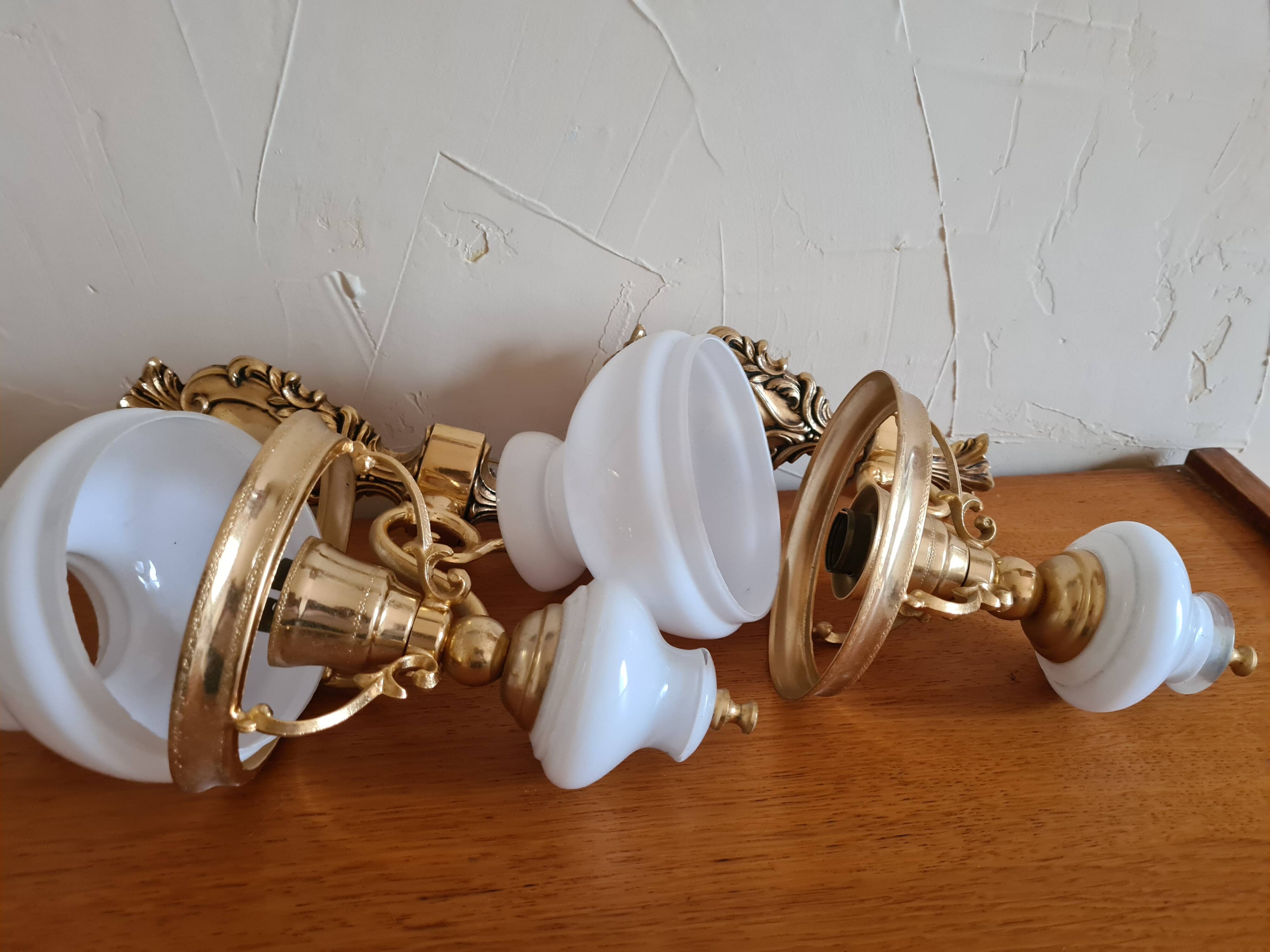 Pair of opaline and gilded brass wall lights