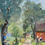 Carin Tham (1888-1967), Scandinavian Modern Landscape, 1942, Oil on Panel, Framed