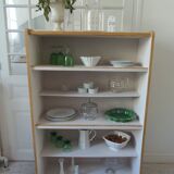 Vintage bookshelf in oak veneer, pearl grey interior, metal legs.