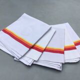 5 old tea towels in ecru linen with orange, red and yellow stripes