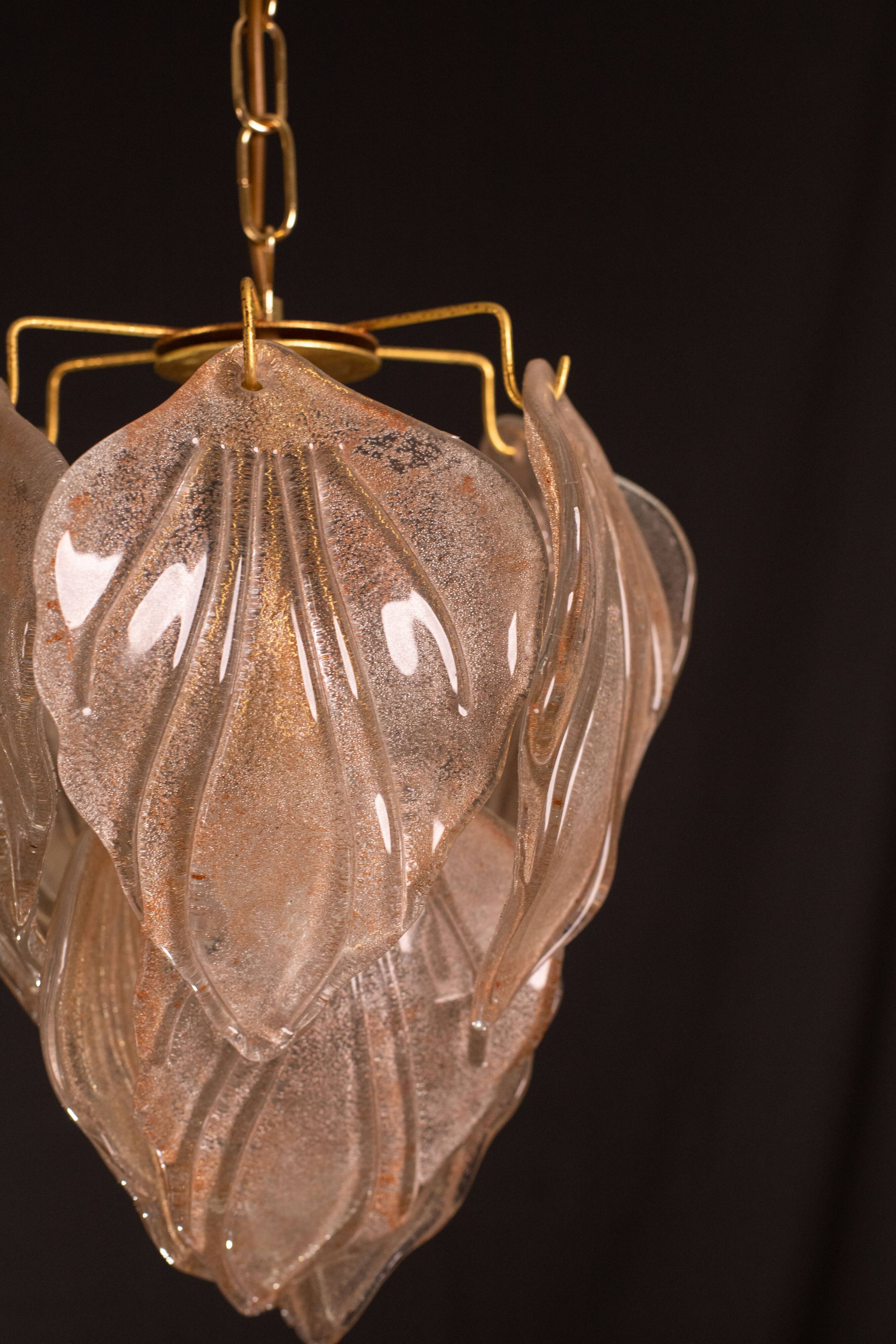 Gorgeous vintage Murano chandelier with leaves of orange and pink highlights