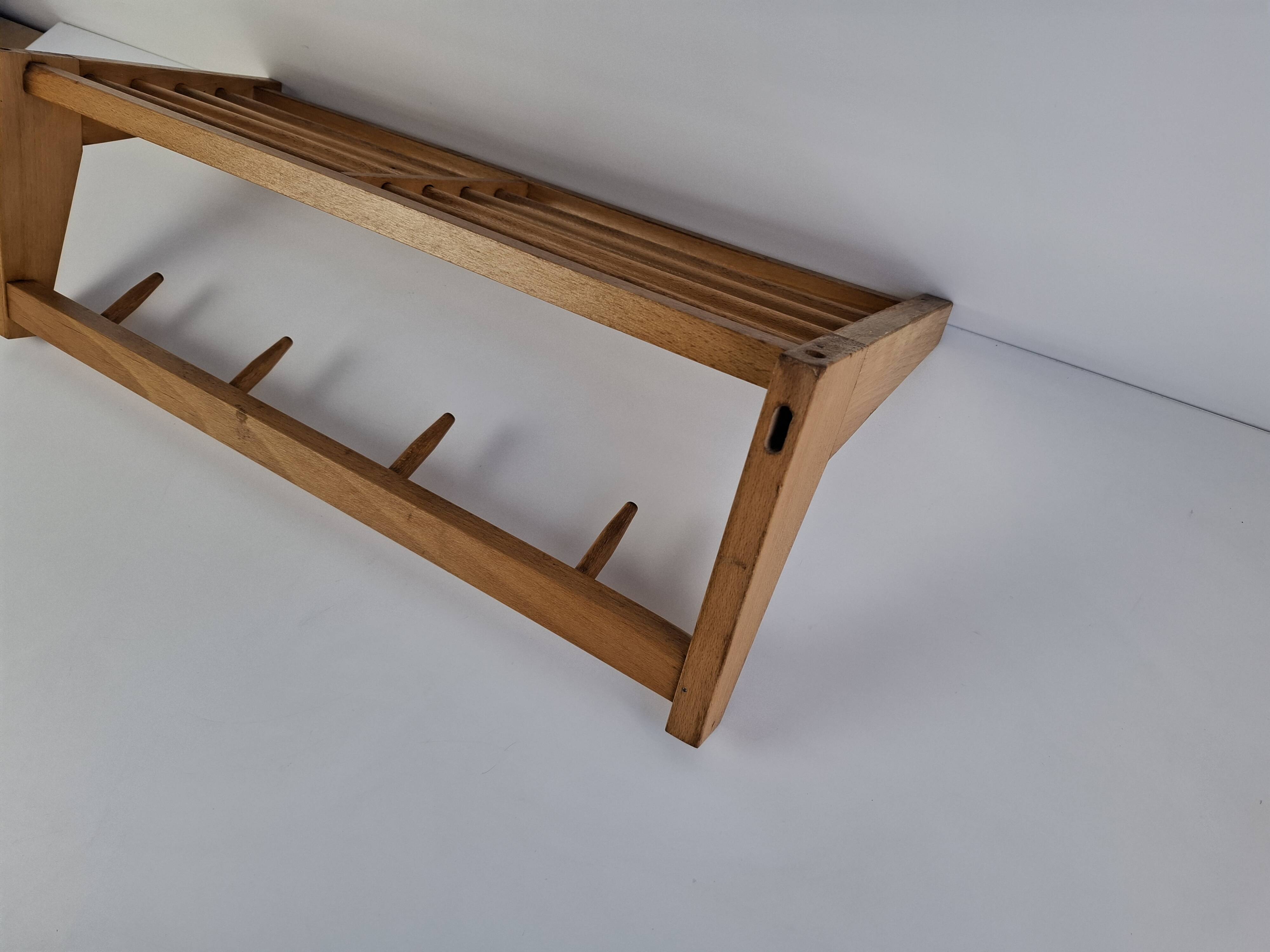 Mid-century Czechoslovak wooden wall coat rack with shelf, Uluv, 1970s