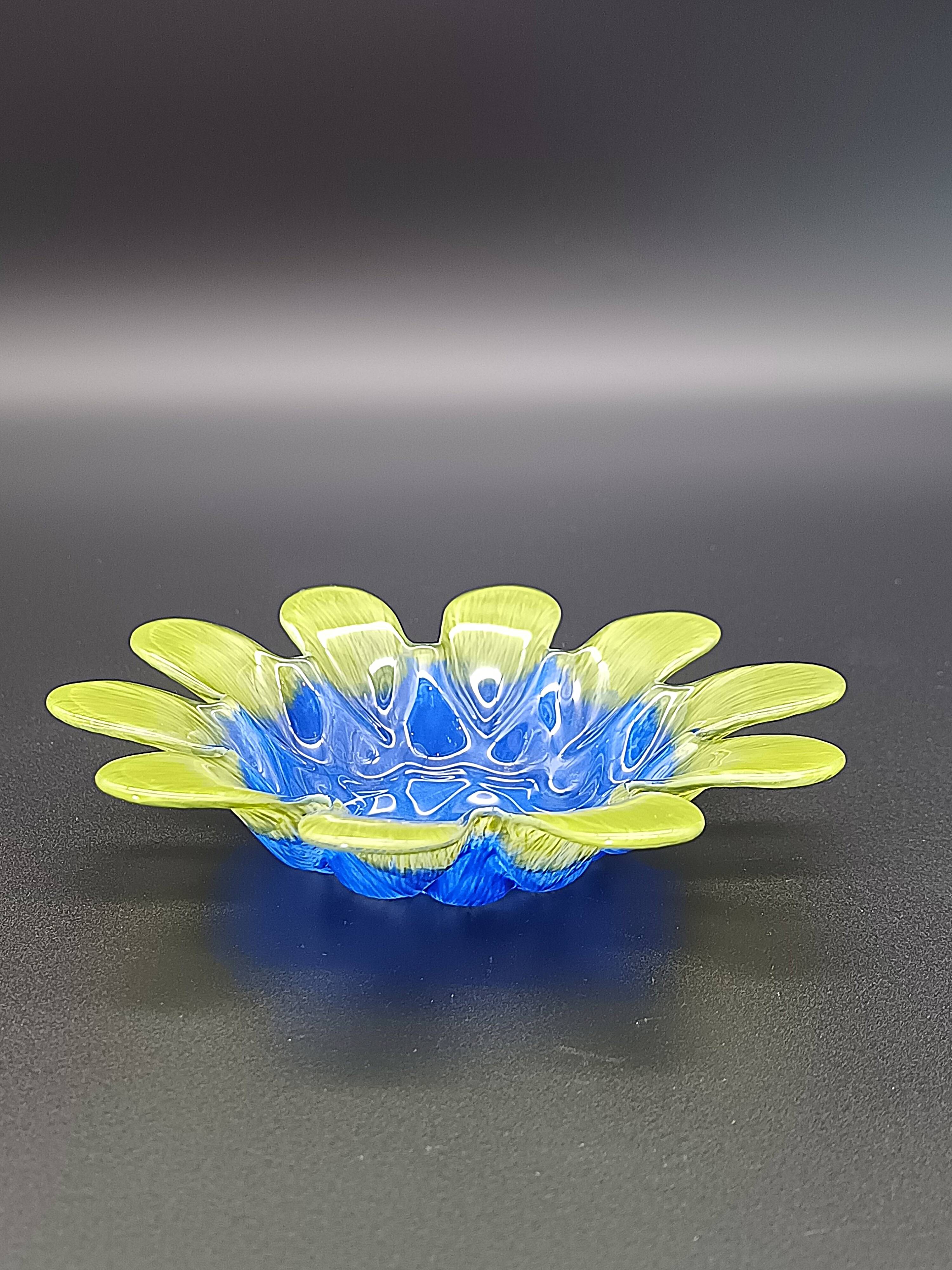 Vintage glass pressed blue & lime green bowl / flower holder