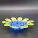 Vintage glass pressed blue & lime green bowl / flower holder