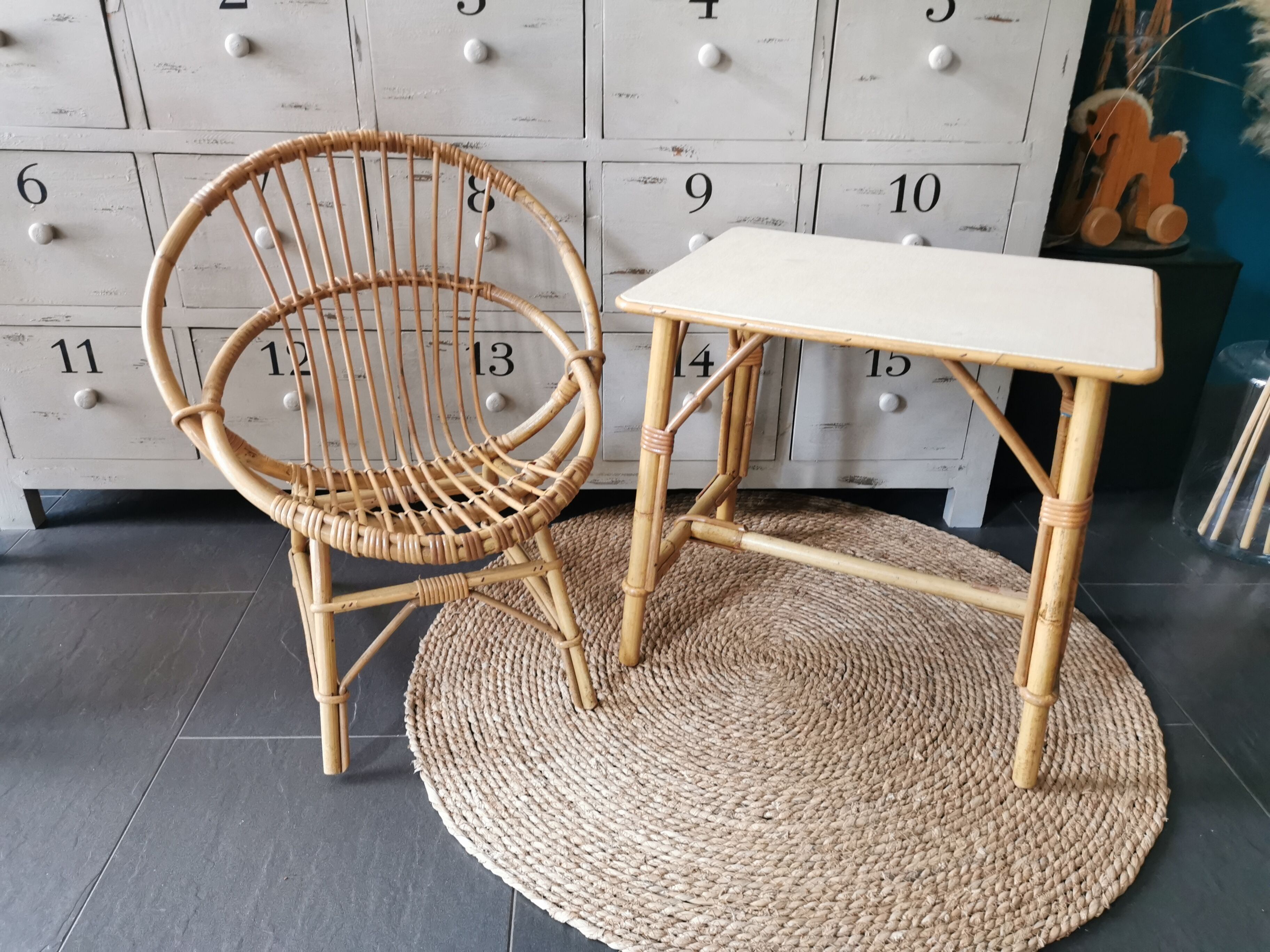 Rattan armchair and table for children