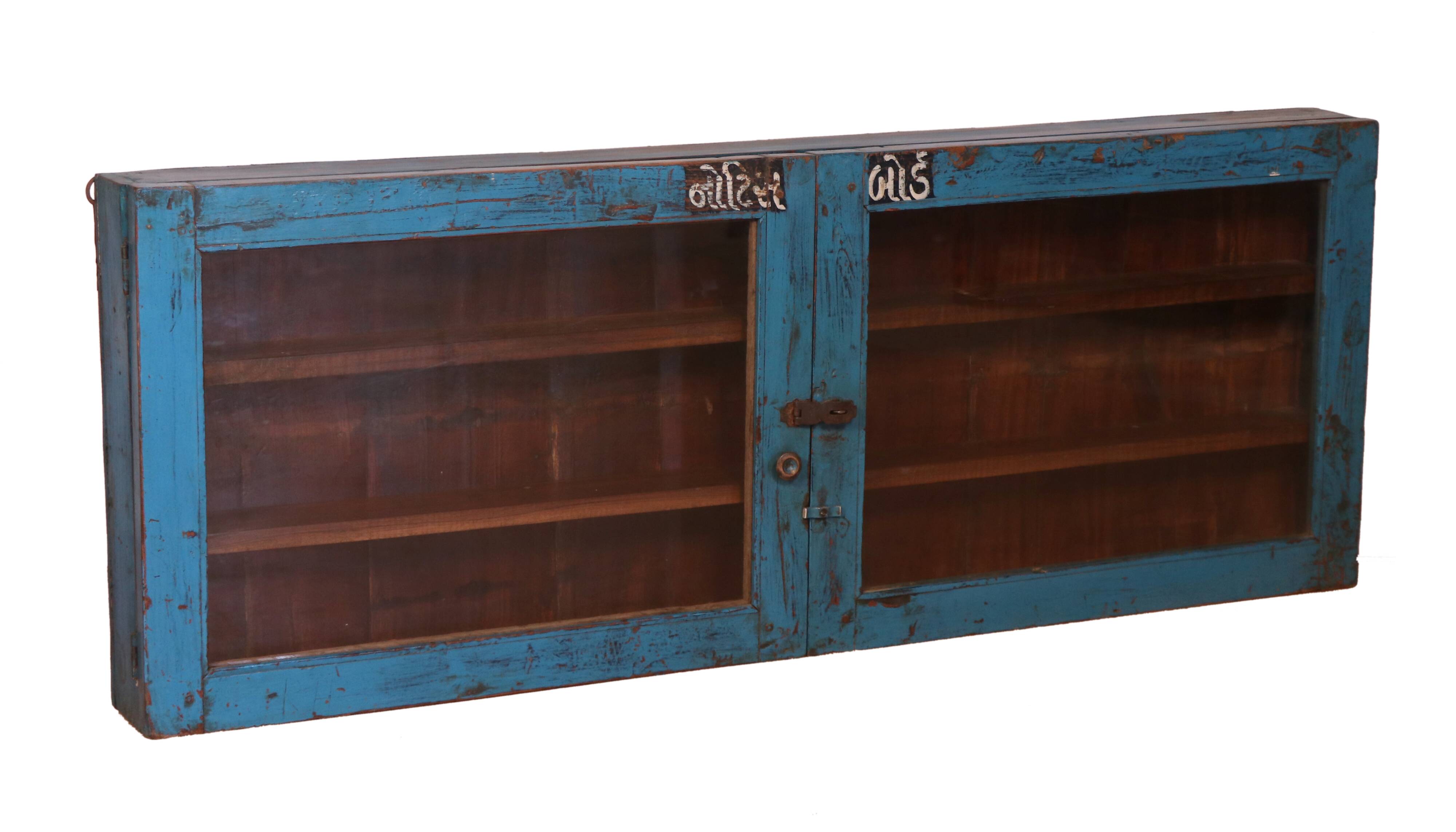 Old Burmese teak wall display case original blue patina