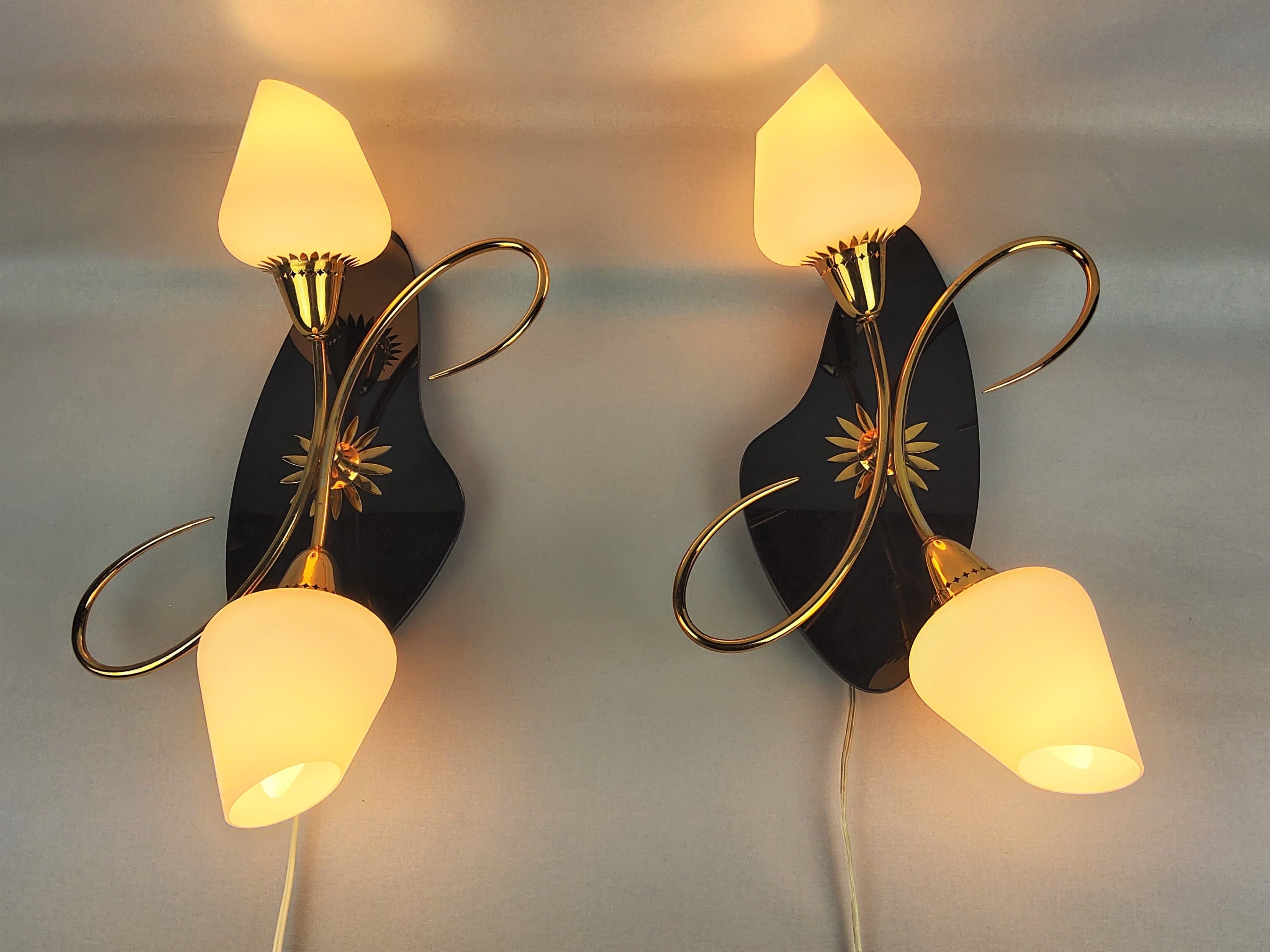 Arlus black and brass opaline sconces 1960